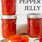 Red pepper jelly in jars and red pepper jelly on cream cheese.