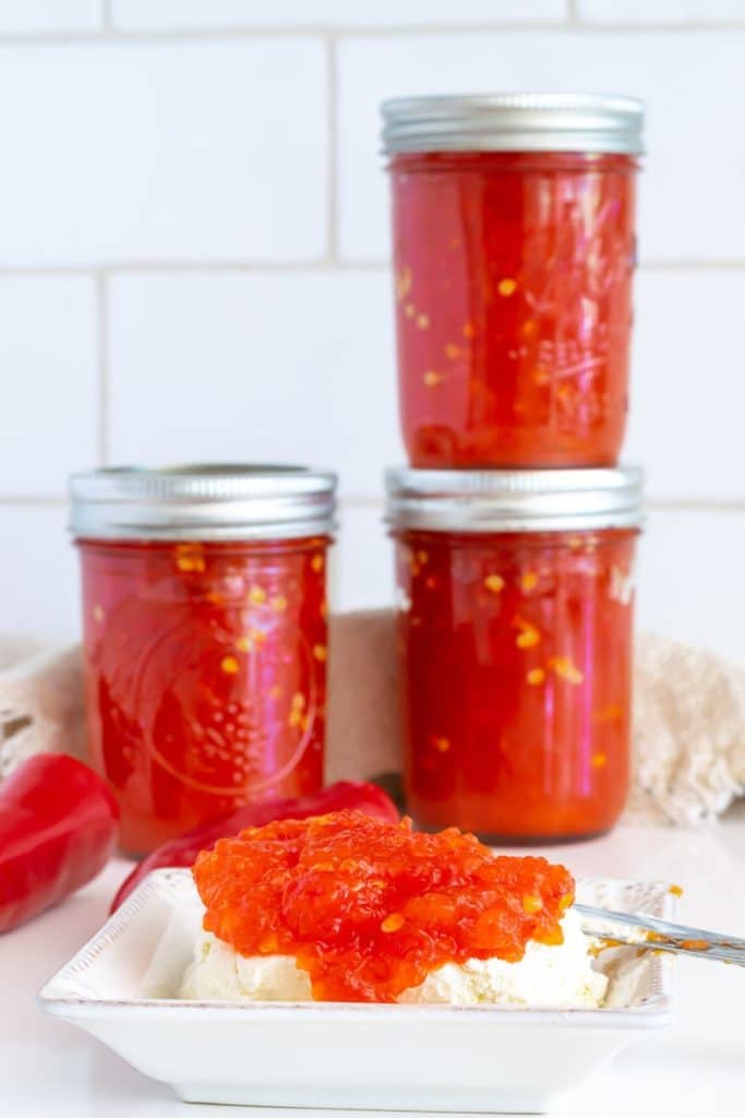 red pepper jelly in jars