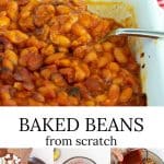 Baked Beans in a White BAking Dish.