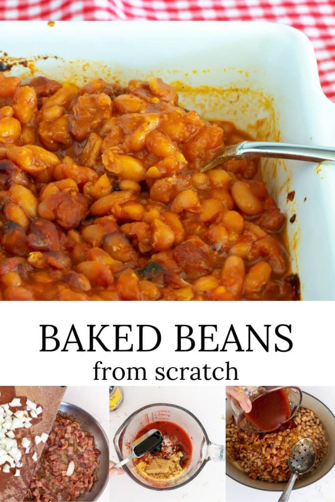 Baked Beans in a White BAking Dish.