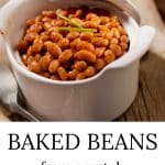 BAked beans in a white dish.