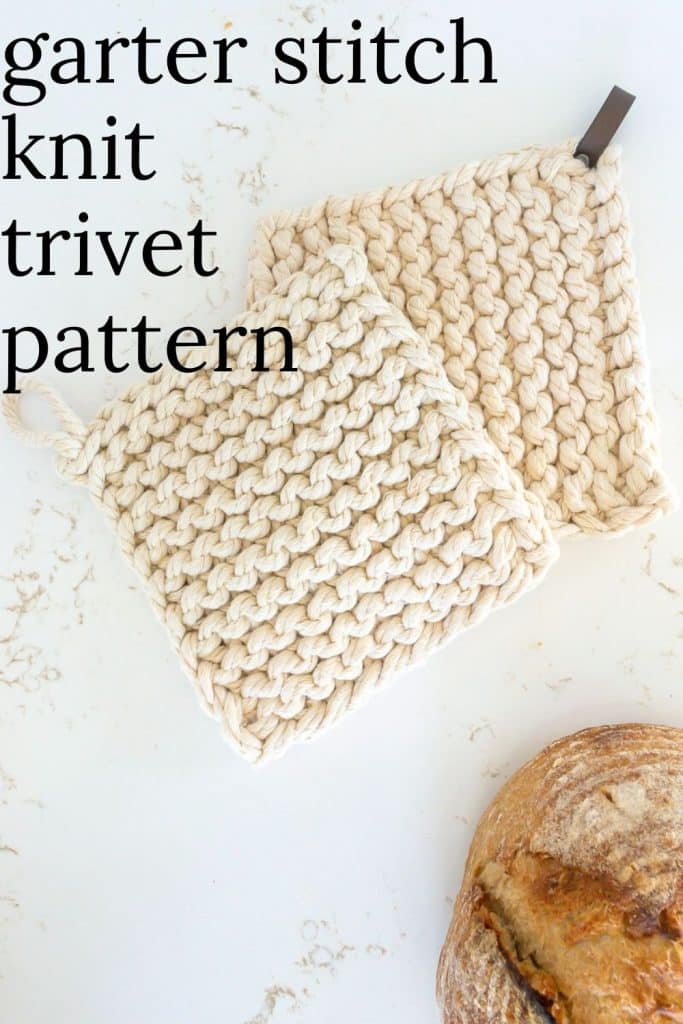 Garter Stitch Knit Trivets on counter with loaf of bread.