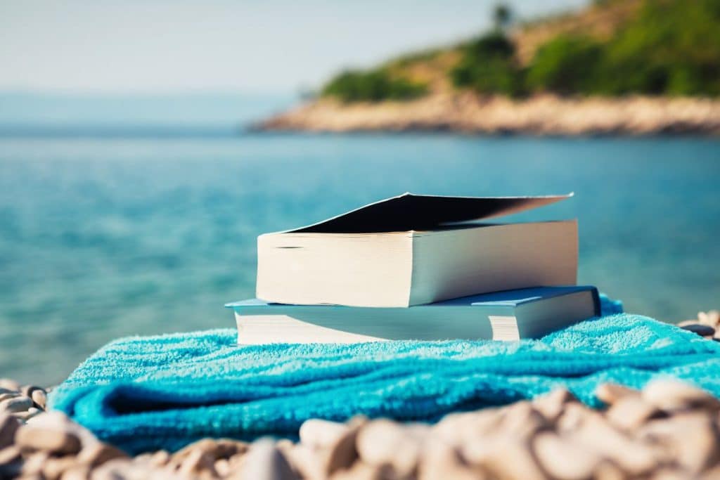 Books and a blanket in front of the water.