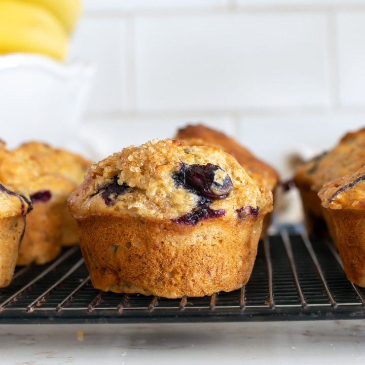 Blueberry Banana Muffin on a cooling rack.