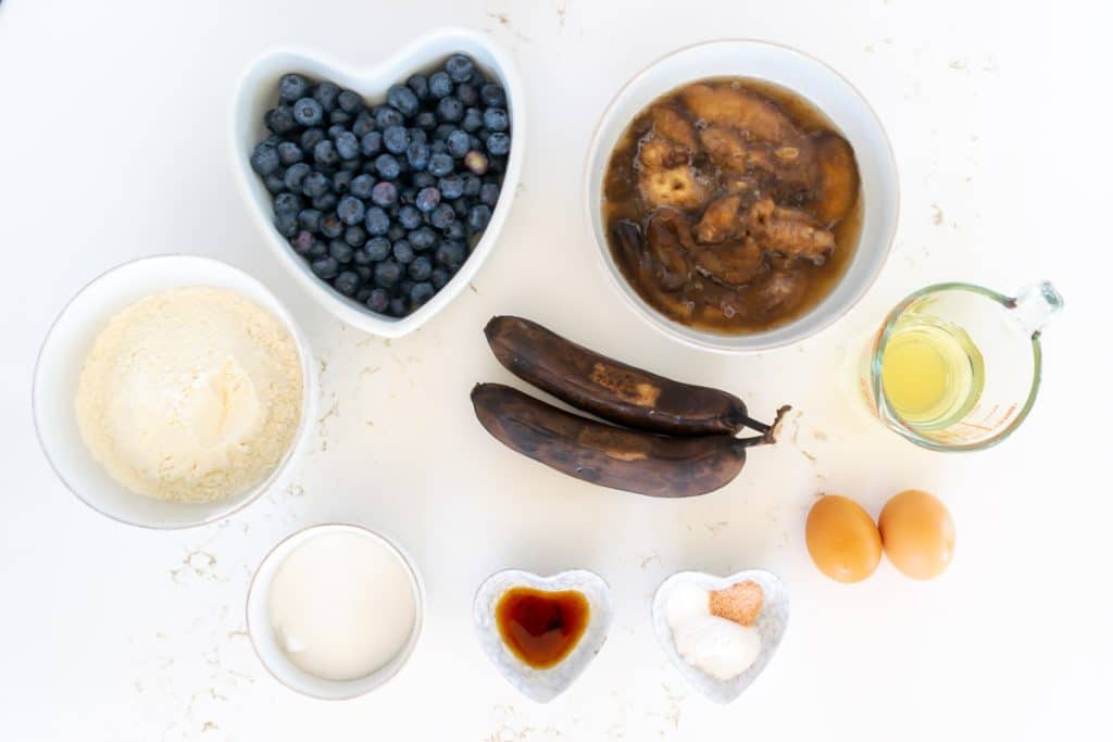 Ingredients for Blueberry Banana Muffins.