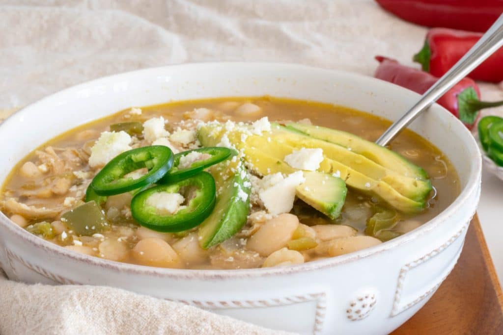 Healthy White Chicken Chili in a white bowl.