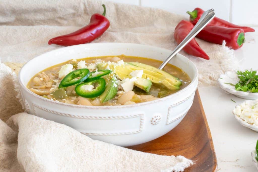 Healthy White Chicken Chili in a white bowl.