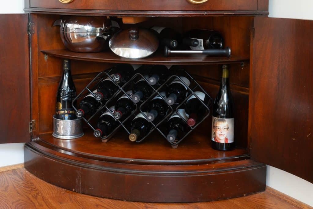 wine rack in diy bar cabinet.