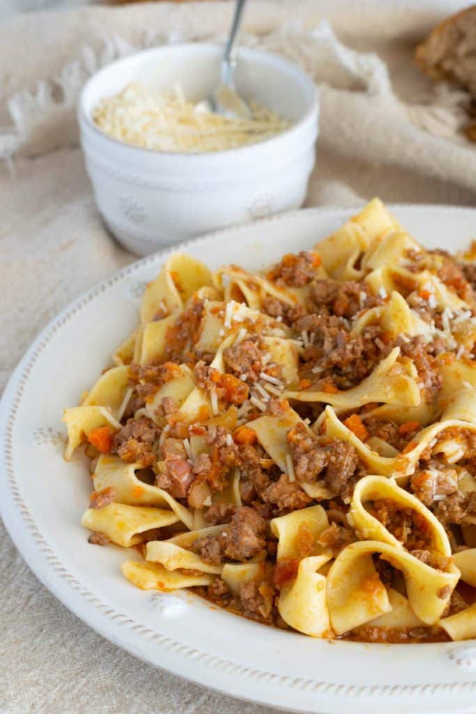 A plate of pappardelle with Authentic Bolognese Sauce.