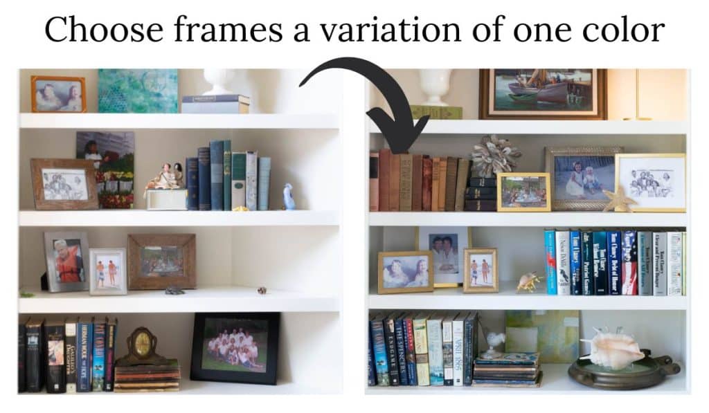 Using the same frame color is one of the tips for decorating bookshelves.