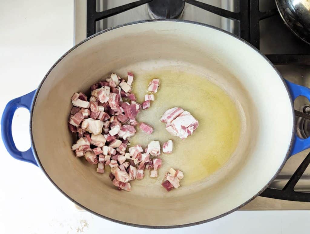 Add pancetta to butter and olive oil.