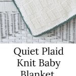 White plaid easy knit baby blanket on white wicker chest.
