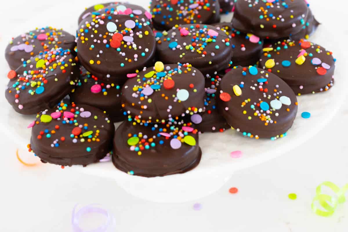Chocolate Covered Oreos with sprinkles.