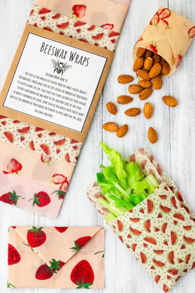 Beeswax food wraps around nuts and celery.