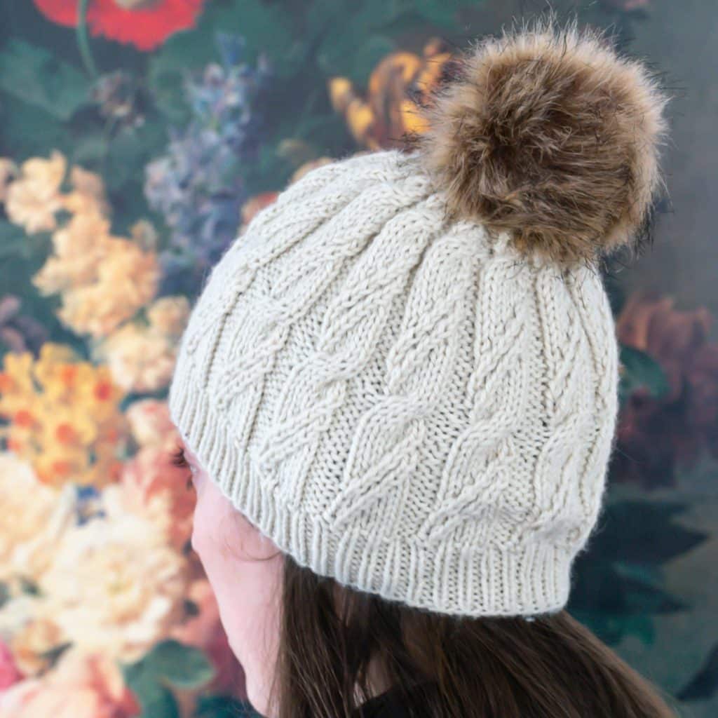 Cable knit hat.