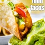 Mini Tacos dipped in guacamole.