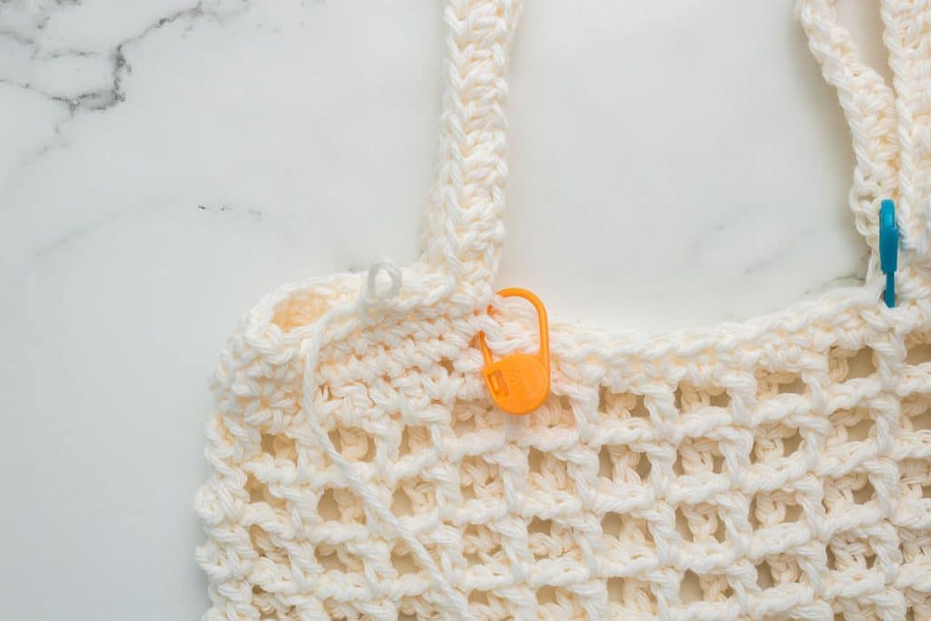 crocheting straps of market bag.