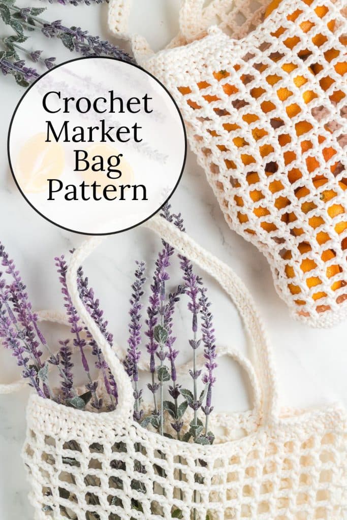 Crochet Market Bag Totes with oranges and lavender.