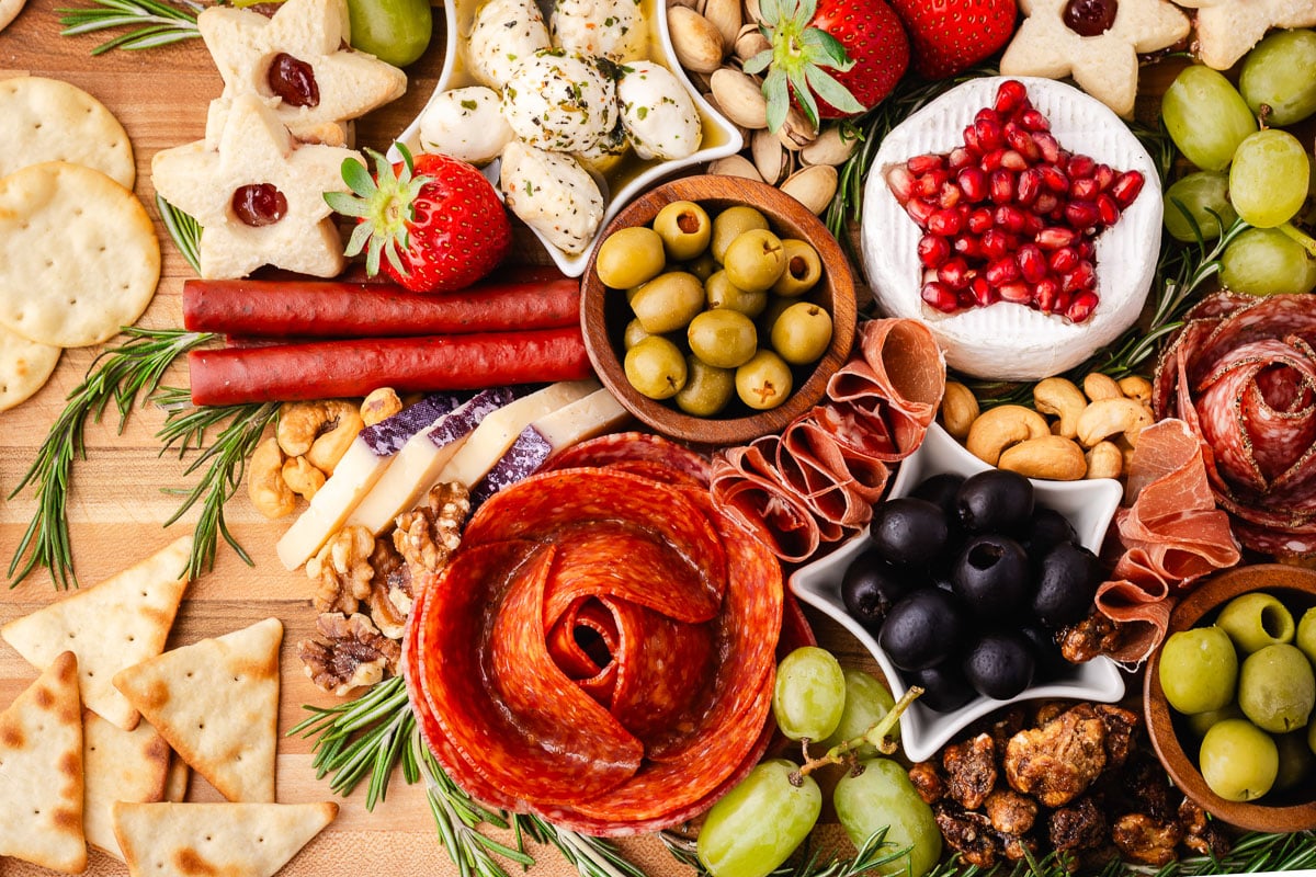 Closeup of Christmas Tree Charcuterie Board.