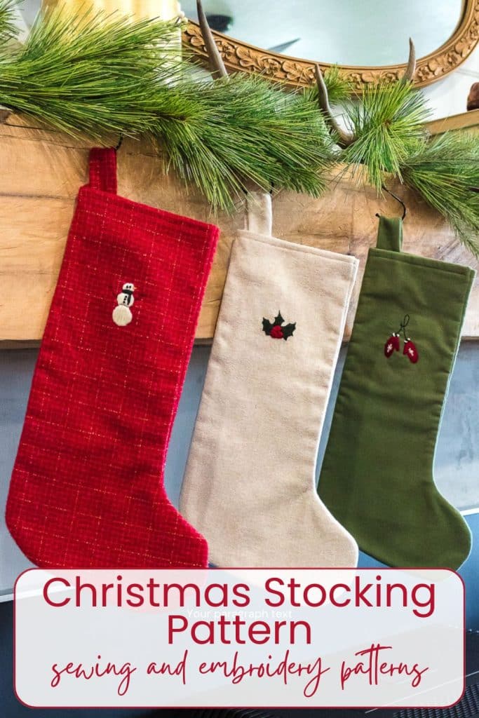 Three embroidered stockings hanging on a mantle.