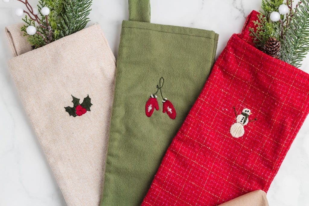 Closeup of embroidery on Christmas Stockings.