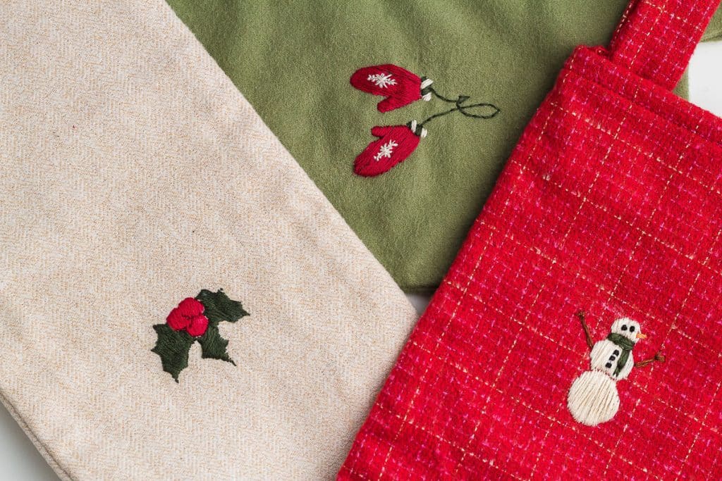 Closeup of embroidery on Christmas Stockings.