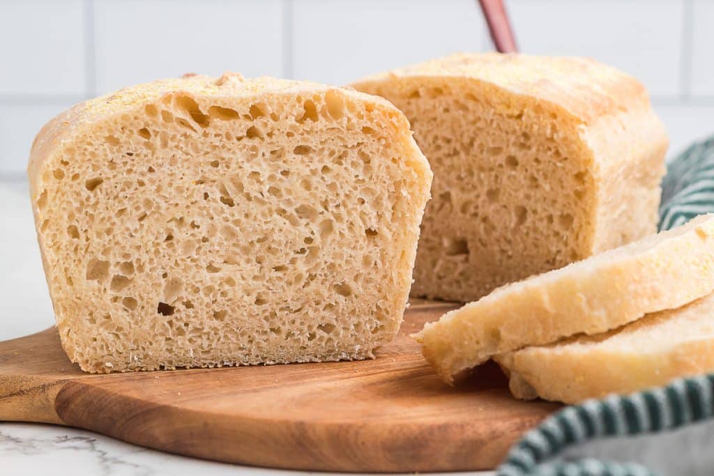 A loaf of sourdough English muffin bread.