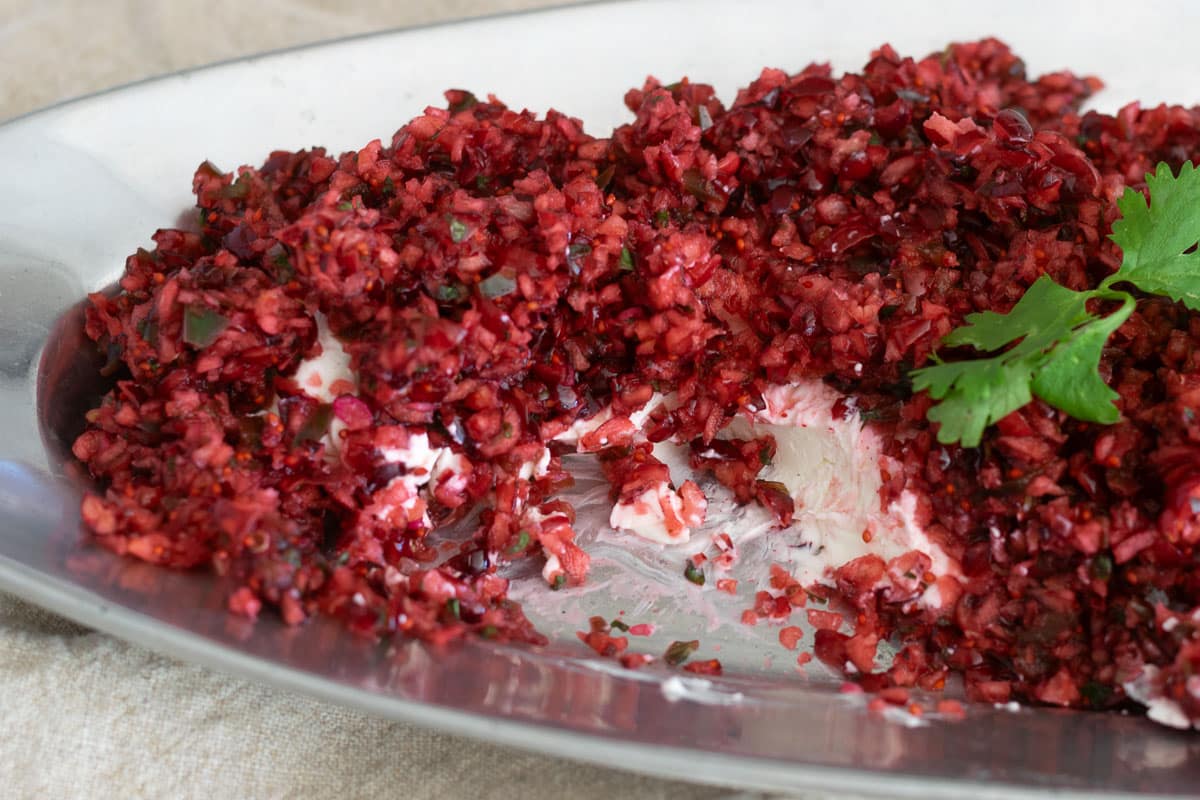 Cranberry Jalapeno Dip on a silver tray.