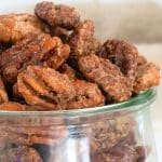 Bourbon pecans in a glass jar.