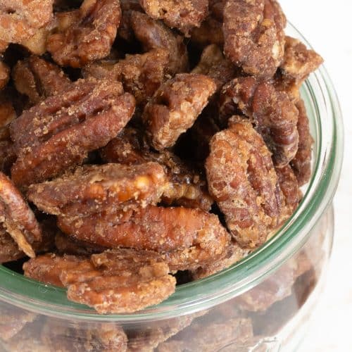 Bourbon pecans in a glass jar.