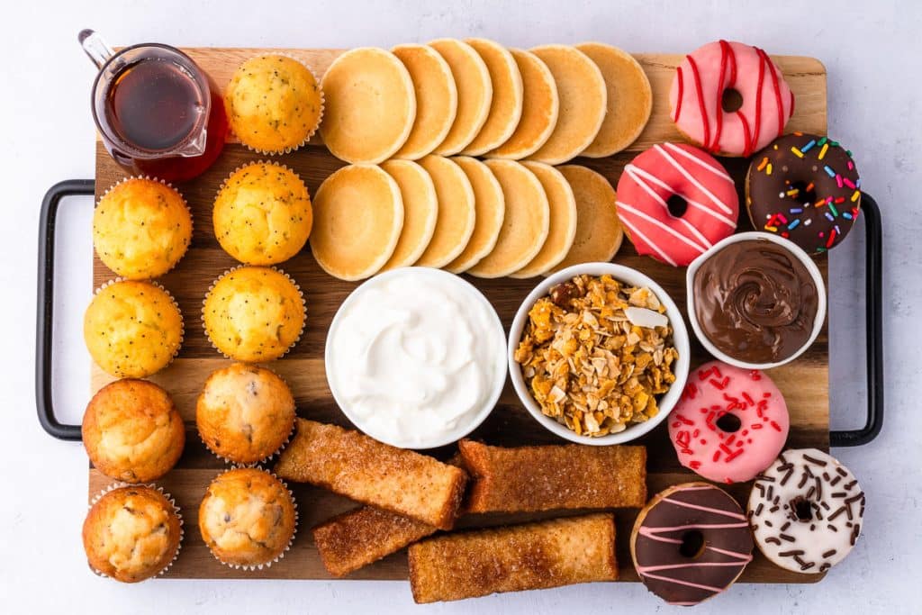 Sweet items like pancakes, muffins, French toast sticks and doughnuts.