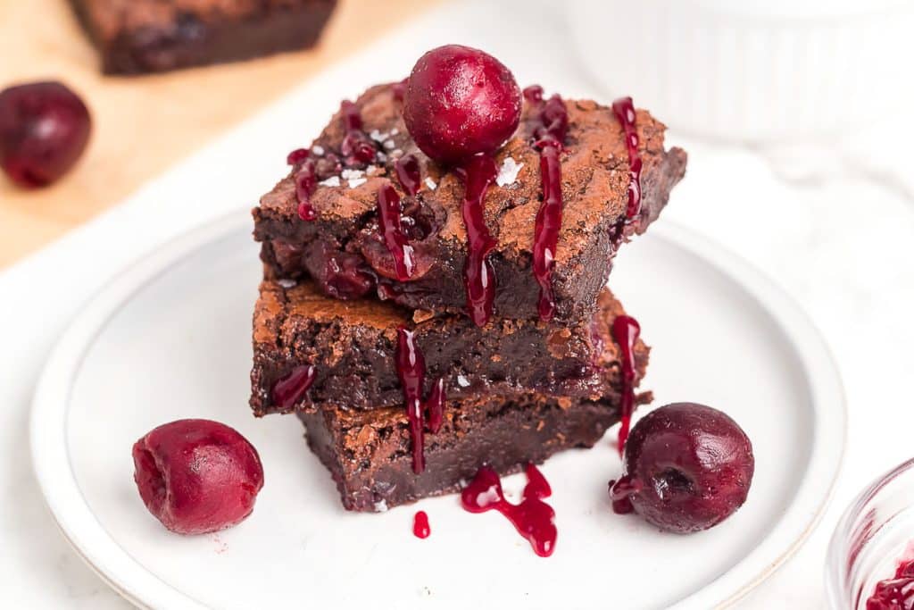 Chocolate Cherry Brownies on a plate.