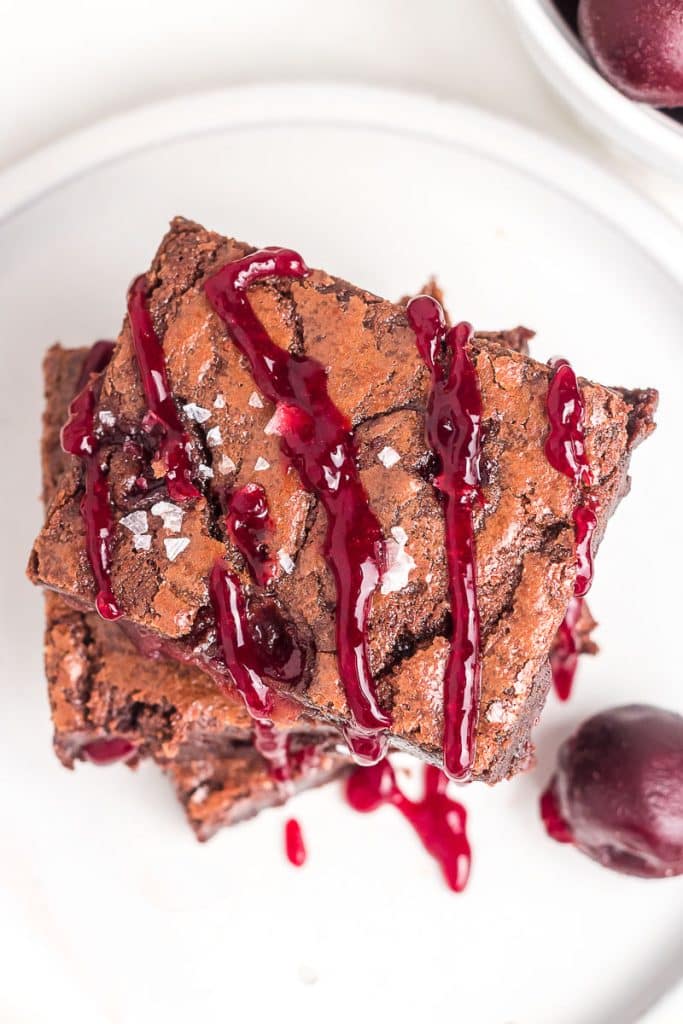 Cherry Chocolate Brownies with sea salt and cherry sauce.