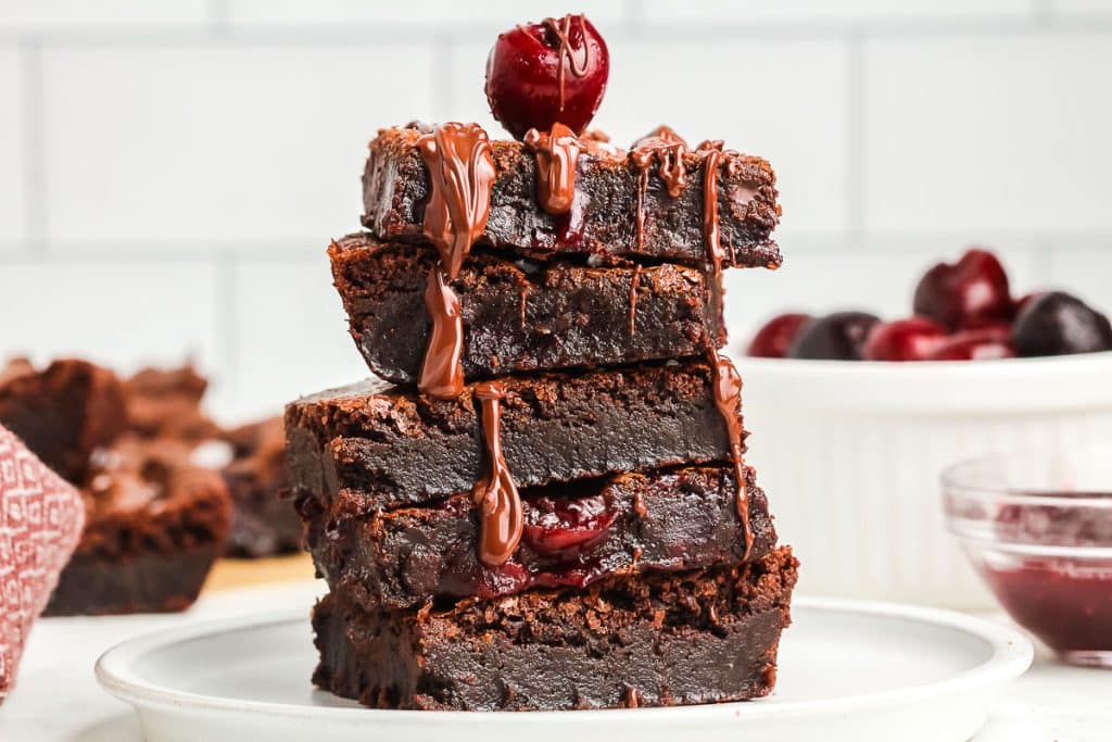 A stack of cherry chocolate brownies