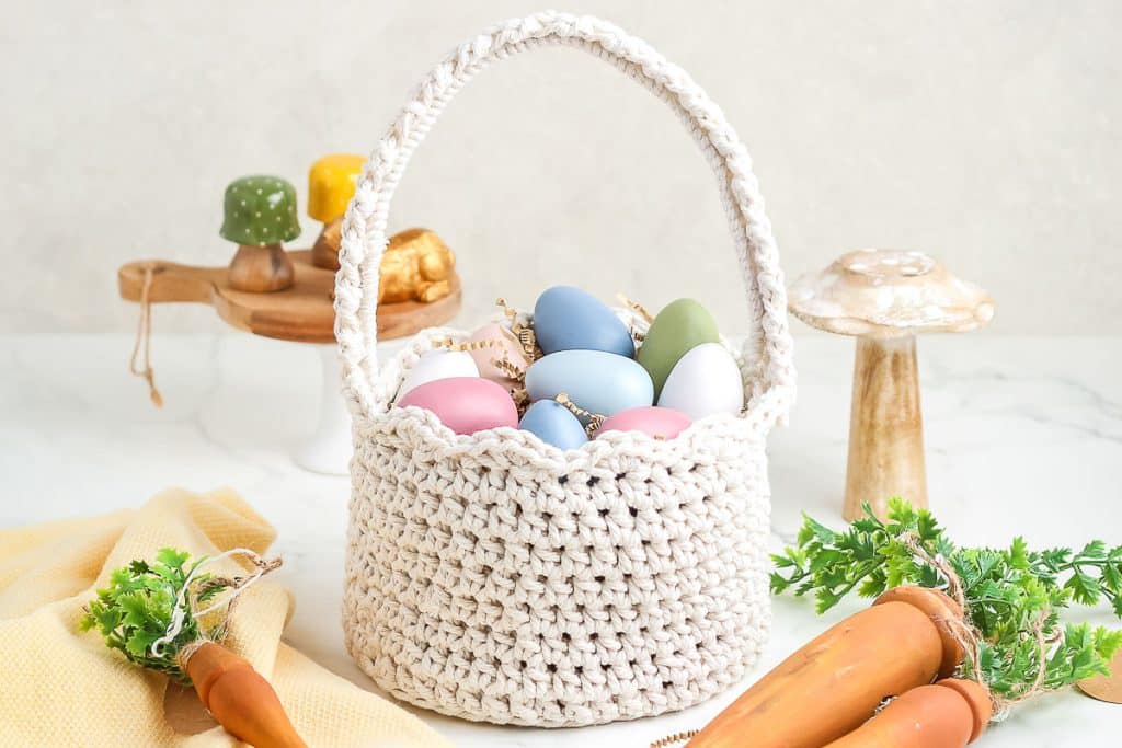 Crocheted Easter Basket filled with pastel Easter eggs.