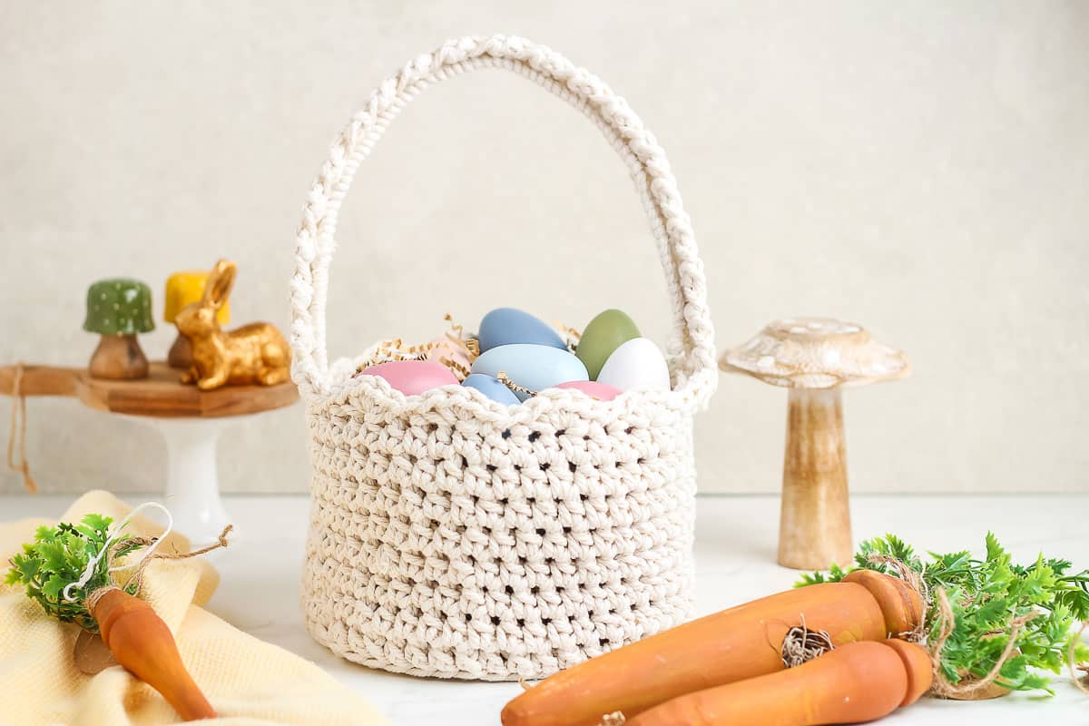 Crocheted Easter Basket filled with pastel Easter eggs.