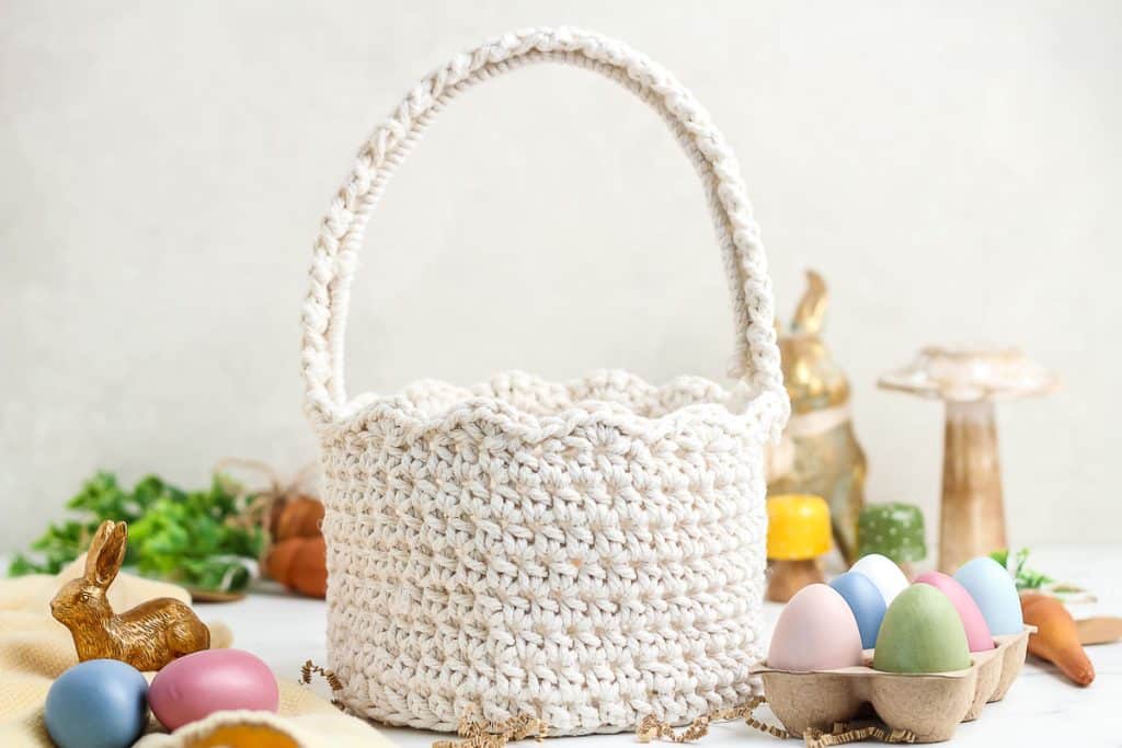 Crocheted Easter Basket made with white rope.