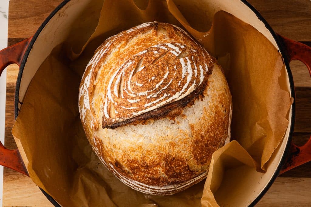 Sourdough bread baked in dutch oven.