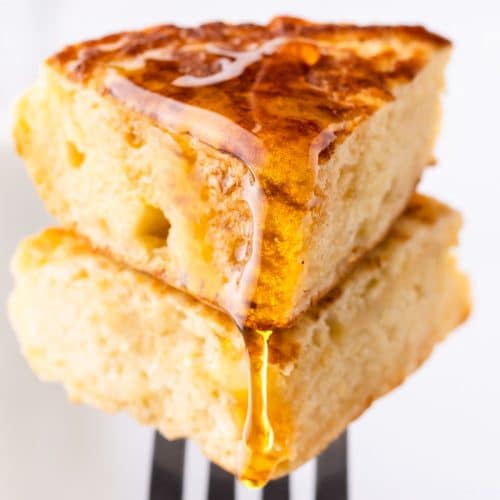 Pieces of Sourdough Discard Pancakes on a fork.