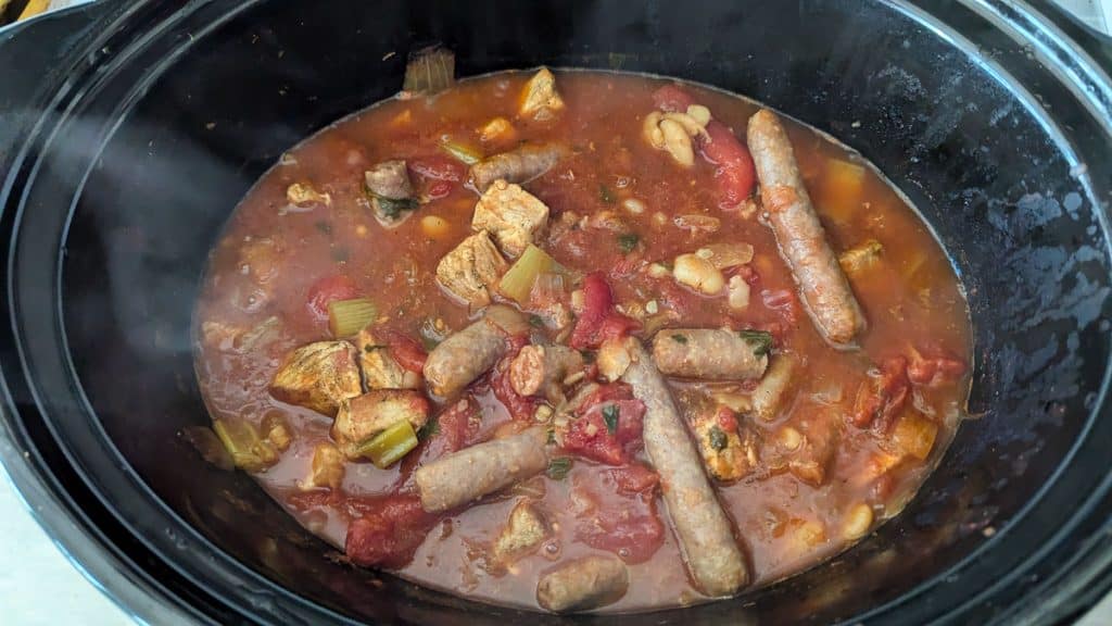 finished pork cassoulet in slow cooker.