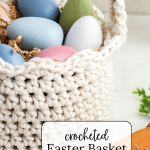 Crochet Easter Basket with colored eggs inside.