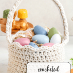 Crochet Easter Basket with colored eggs inside.