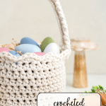 Crochet Easter Basket with colored eggs inside.