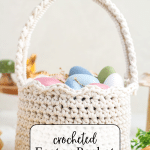 Crochet Easter Basket with colored eggs inside.