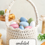 Crochet Easter Basket with colored eggs inside.