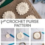 Images showing the steps to crochet this crochet purse pattern and an image of the finished purse.