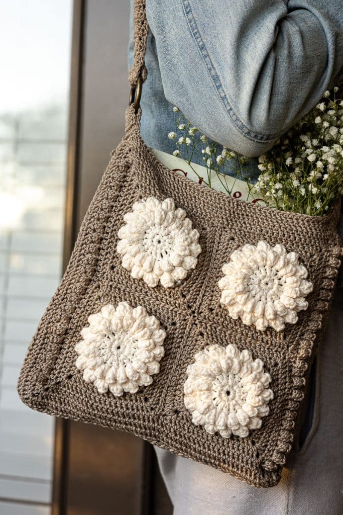 Woman with crochet purse.