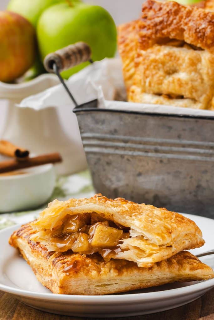 Inside of apple puff pastry hand pie.