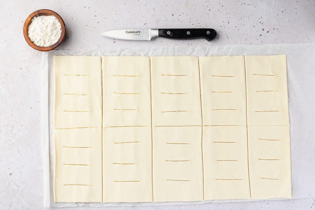 Puff pastry cut into rectangles and then scored.