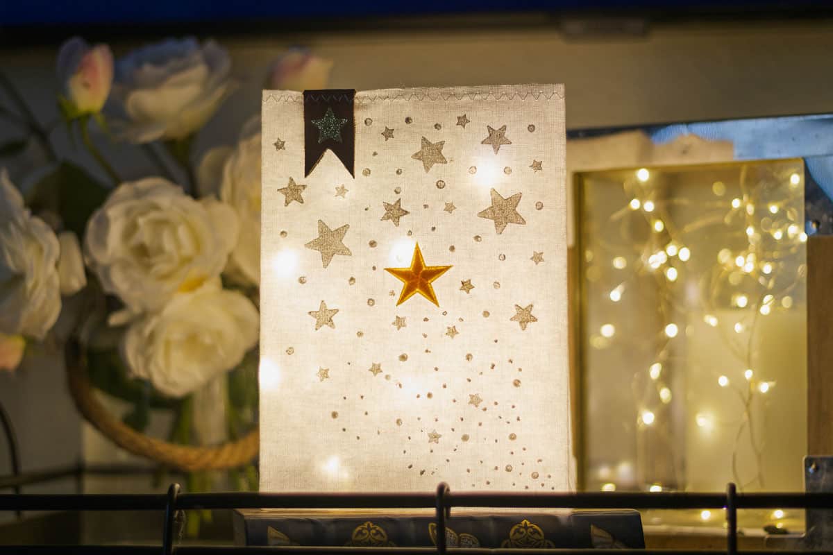 luminaria on a shelf.